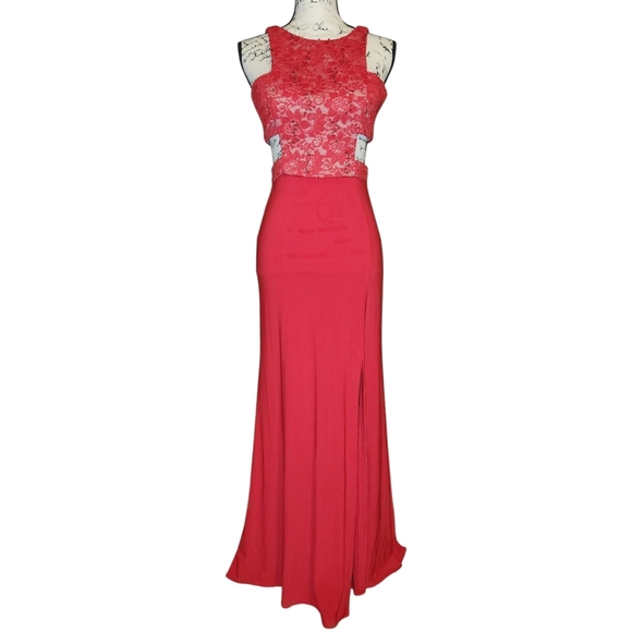 Morgan & Co. Red Jersey Cut Out Gown - Picture 3 of 13